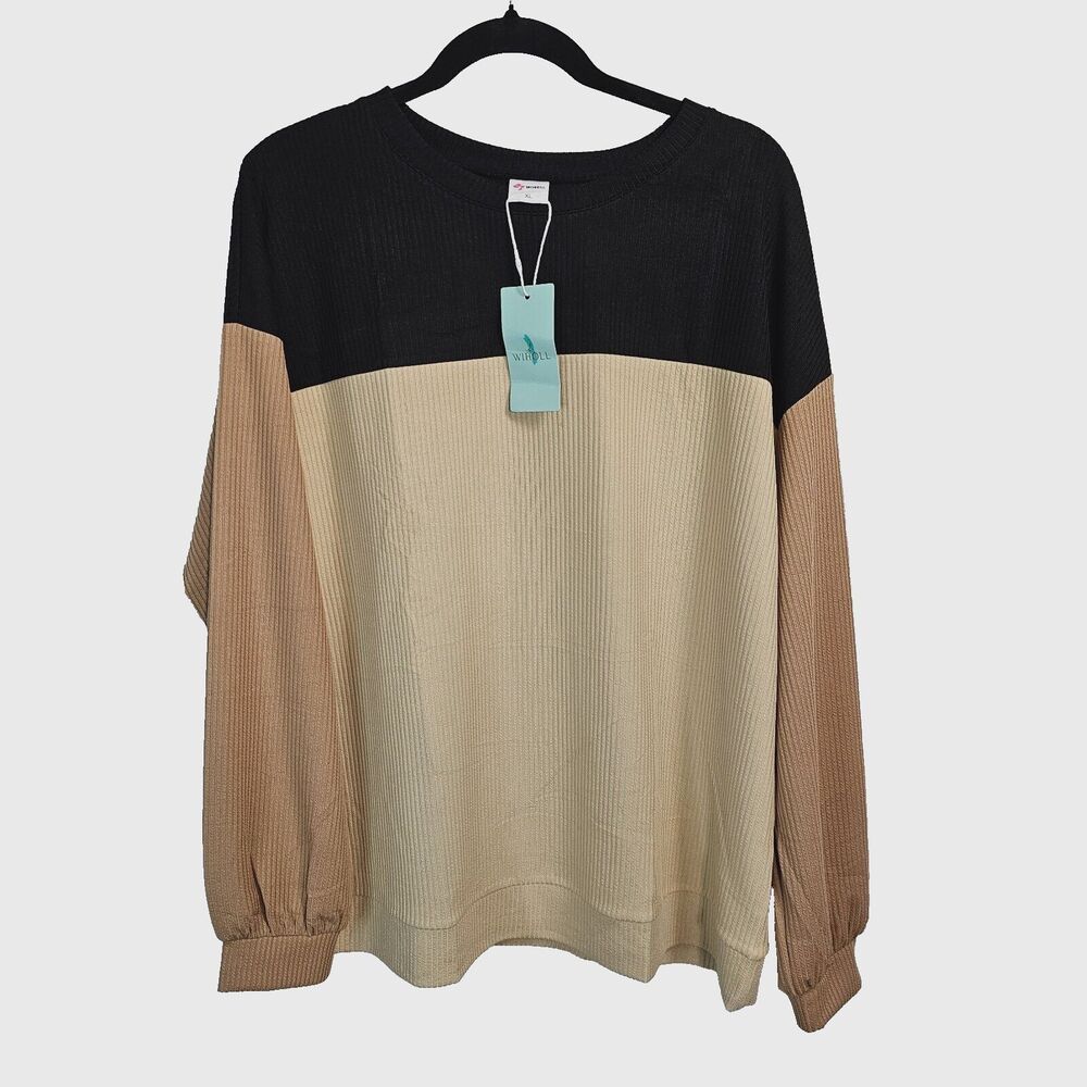 Oversized Shirt Ribbed Knit Round Neck Contrast Color Sweater Womens XL